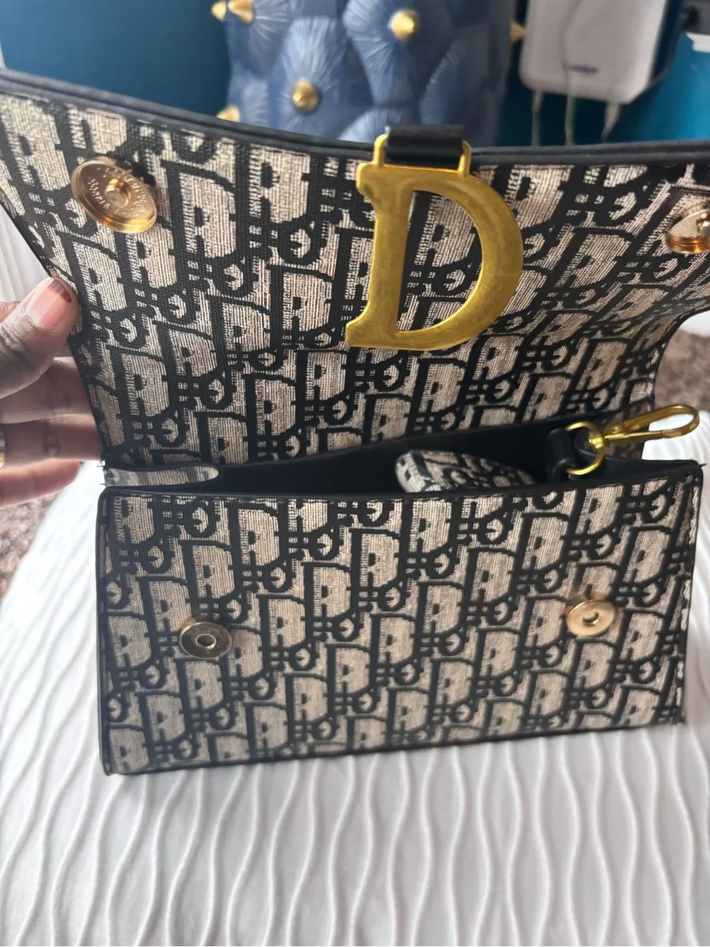 Inspired Dior bag Black and Beige Logo Top-Handle Satchel with Gold 'D' Accent